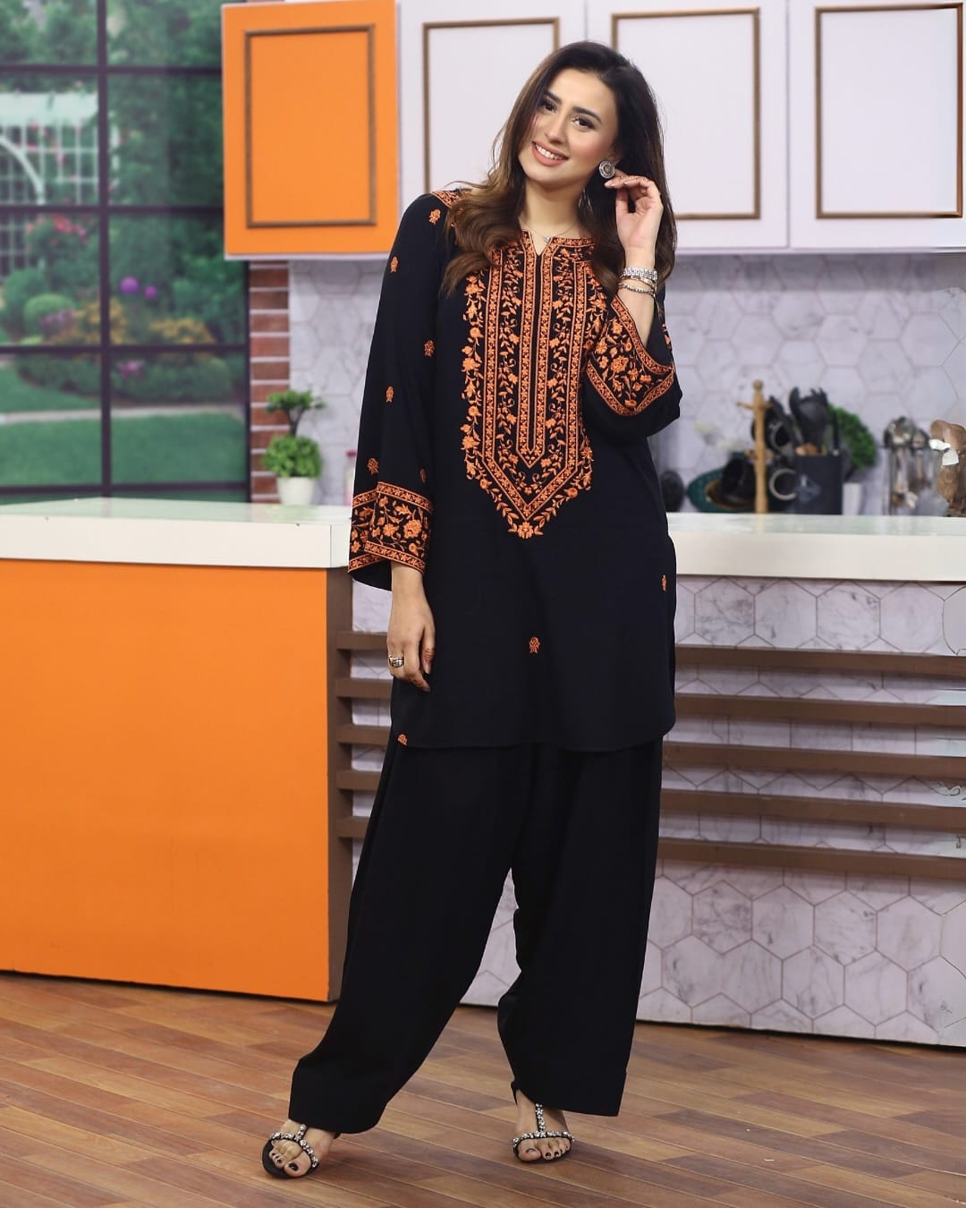 50%Azadi sale LONG NECK Embroidery Round Shirt With PLAZO