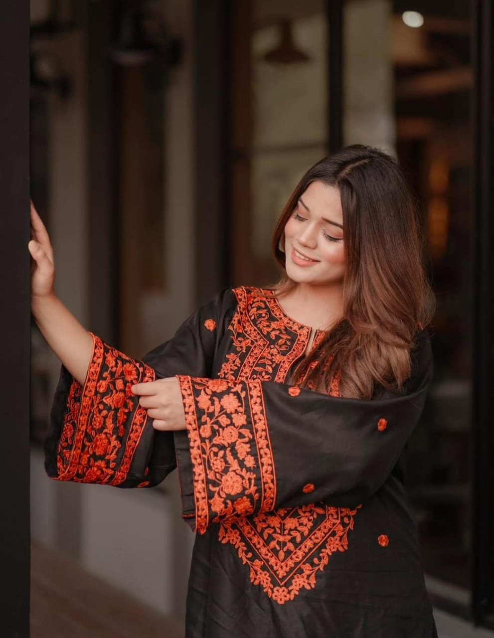 50%Azadi sale LONG NECK Embroidery Round Shirt With PLAZO